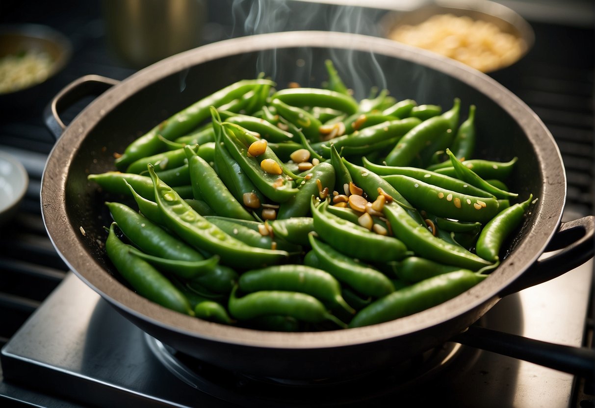 Snap peas sizzling in a wok with garlic, ginger, and soy sauce. Steam rising, vibrant green colors