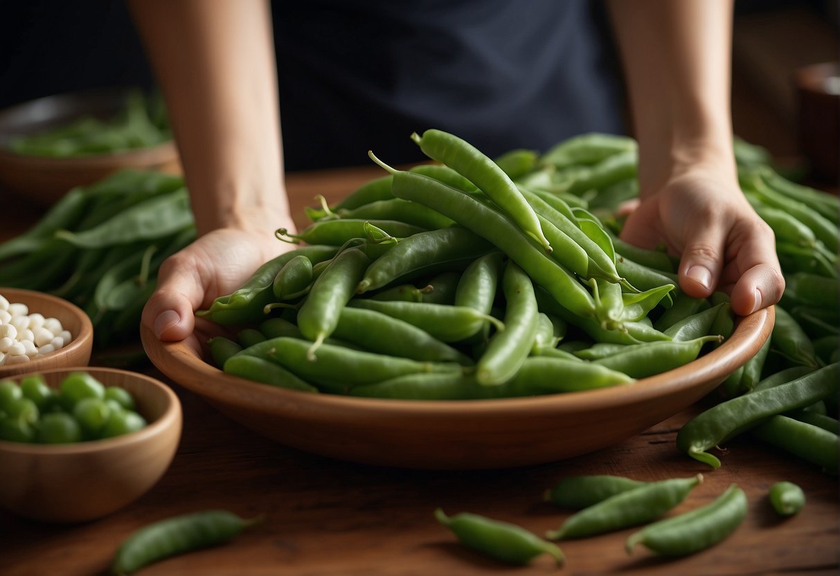 A hand reaches for snap peas in a pile of fresh ingredients for a Chinese recipe