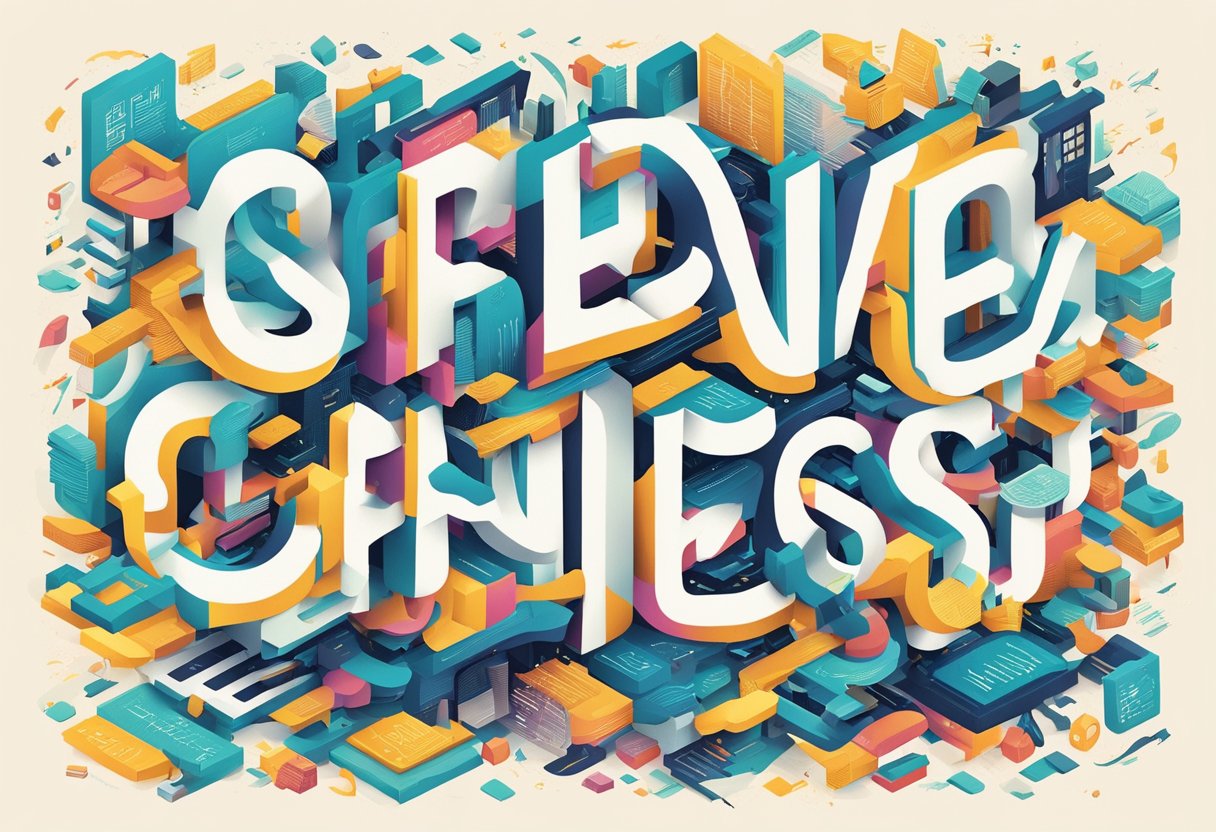 A chaotic jumble of words and phrases, swirling and colliding in a frenzied dance of typography