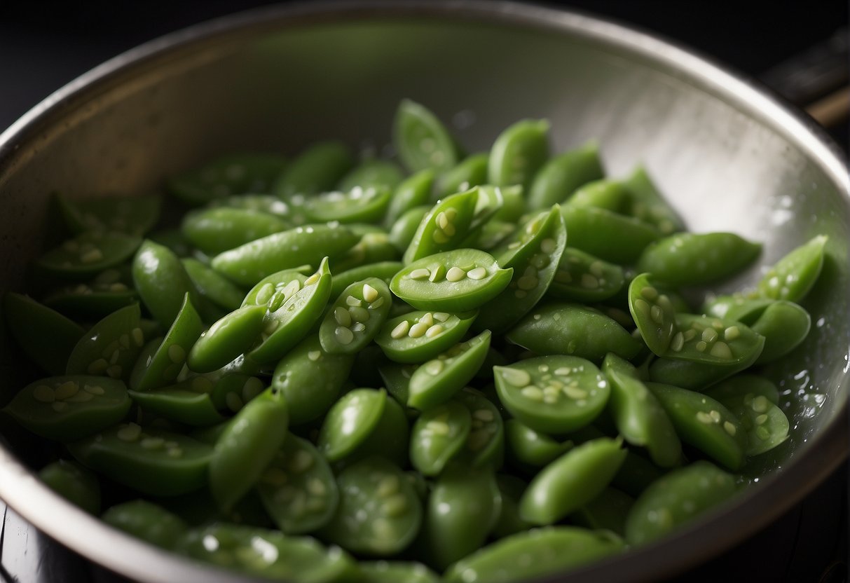 Snap peas are being washed and trimmed, then blanched in boiling water. They are quickly cooled in an ice bath before being stir-fried with garlic and ginger in a wok