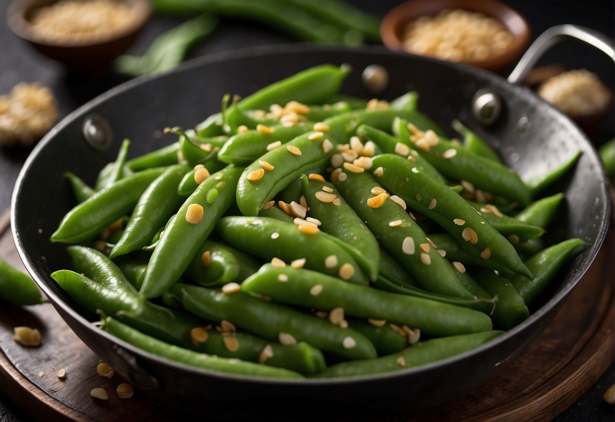 Snap peas sizzle in a wok with garlic, ginger, and soy sauce. A sprinkle of sesame seeds adds a final touch