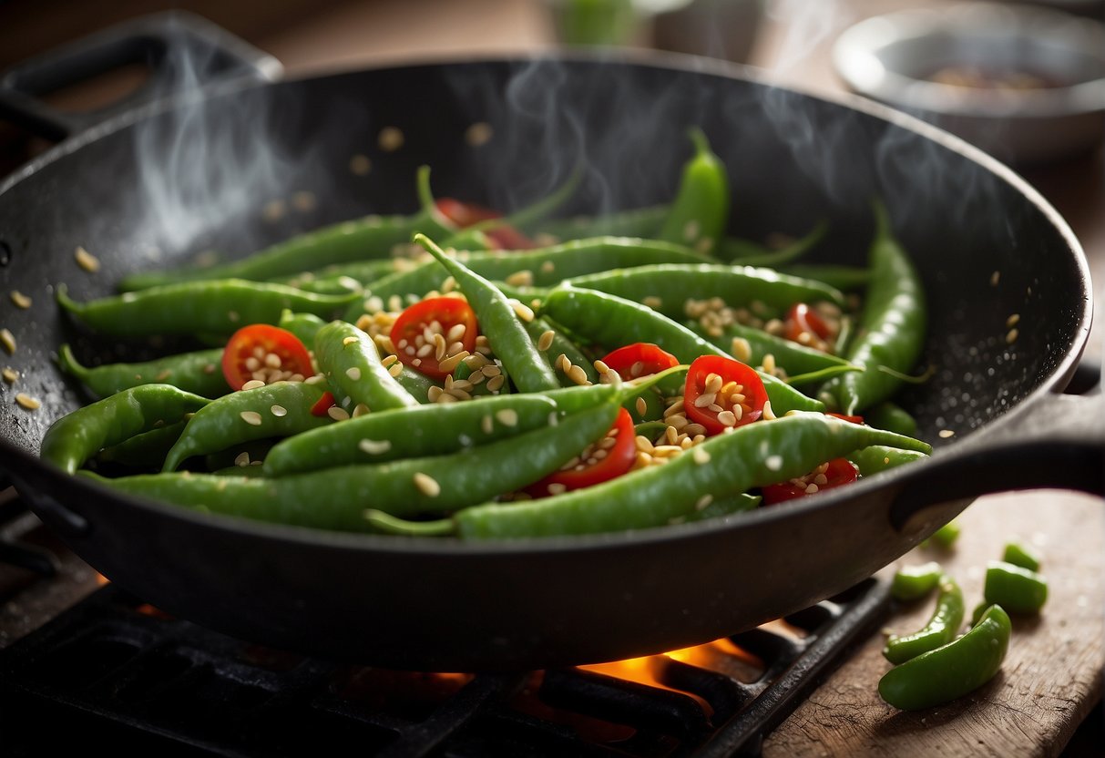 Fresh snap peas sizzling in a wok with garlic, ginger, and soy sauce, emitting a fragrant aroma. Red chili peppers and sesame seeds sprinkled on top