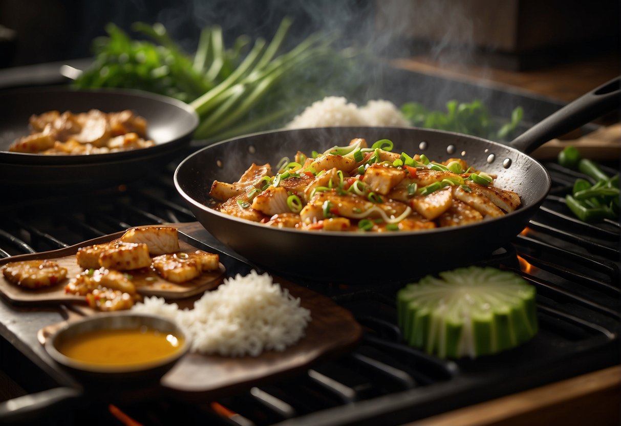 A wok sizzles as garlic and ginger are sautéed. Red snapper fillets are added and cooked until golden. Soy sauce, sugar, and rice wine are poured in, creating a glaze. Garnish with green onions