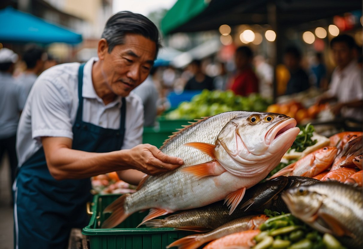A hand reaches for a whole snapper fish at a bustling Chinese market. The vendor proudly displays the fresh catch, ready for a traditional recipe