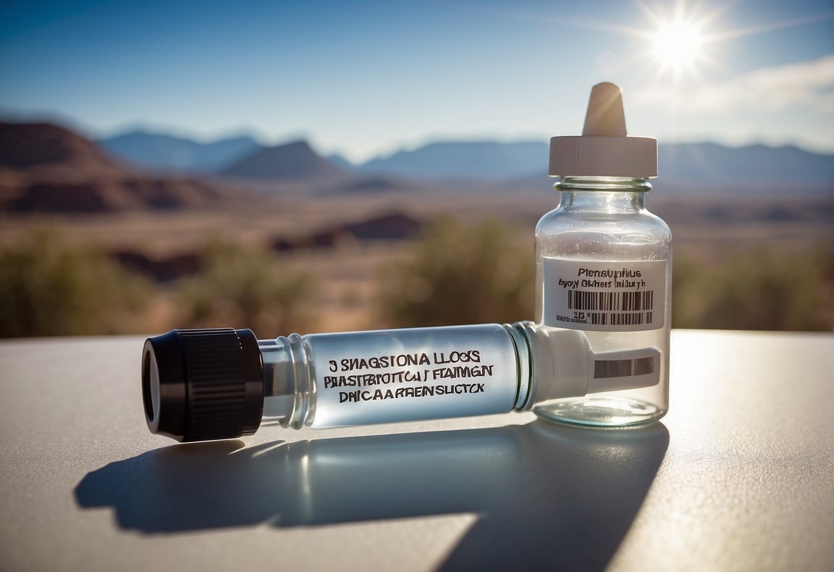 Semaglutide injection vial on a clean, white surface with a syringe nearby and a medical label indicating "weight loss treatment." St. George, Utah in the background