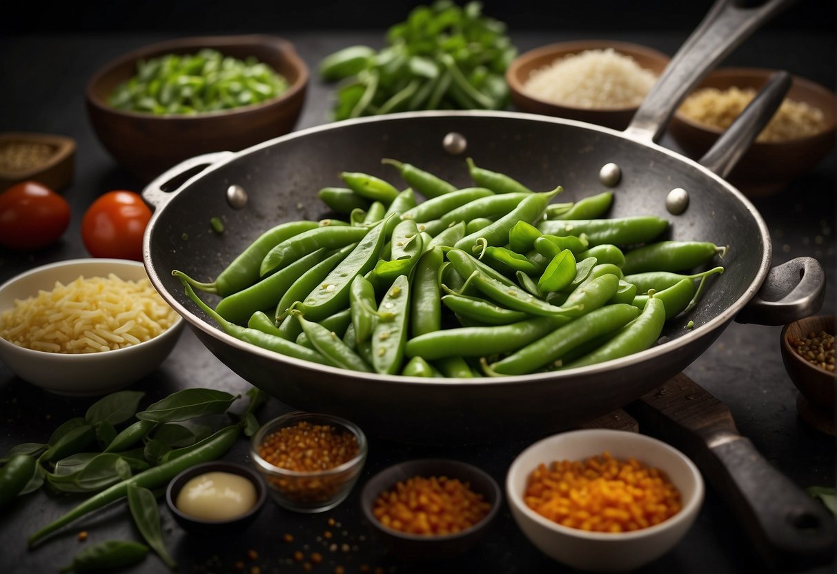 A bowl of snap peas stir-frying in a sizzling wok with Chinese seasonings and sauces, surrounded by various ingredients and cooking utensils