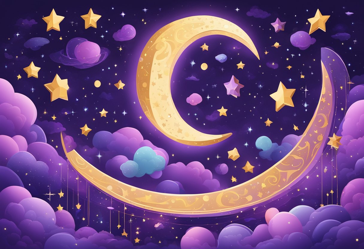 A stack of purple quotes floats in a starry night sky, surrounded by twinkling constellations and a crescent moon