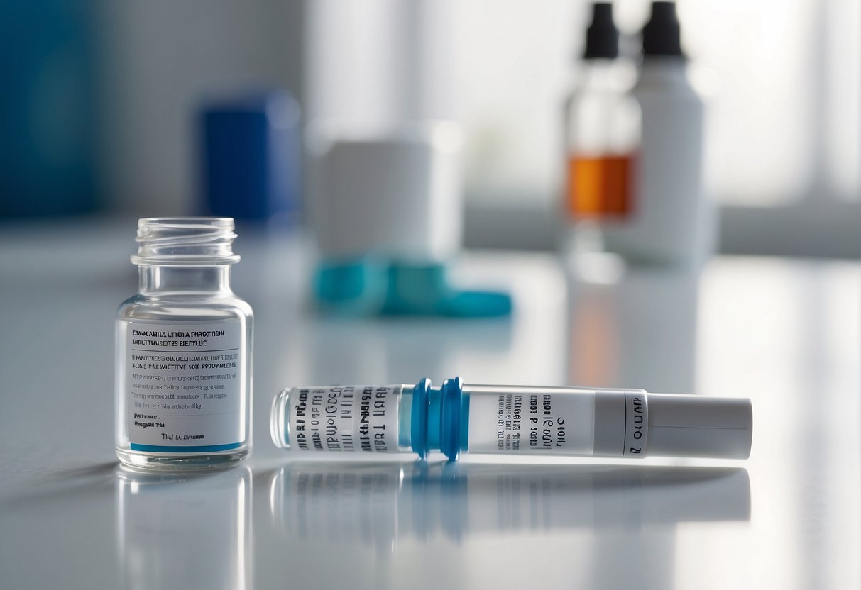 A vial of semaglutide injection sits on a clean, white surface. A leaflet with instructions and a pill organizer are nearby. The scene is calm and organized, with a sense of hope and control