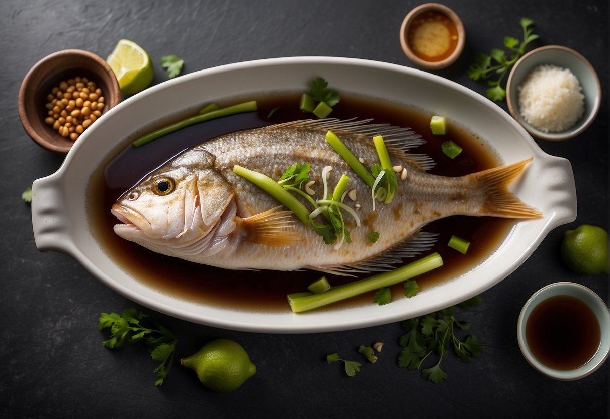 A whole snapper fish being marinated in a mixture of soy sauce, ginger, and garlic, ready to be steamed and served with a savory Chinese sauce