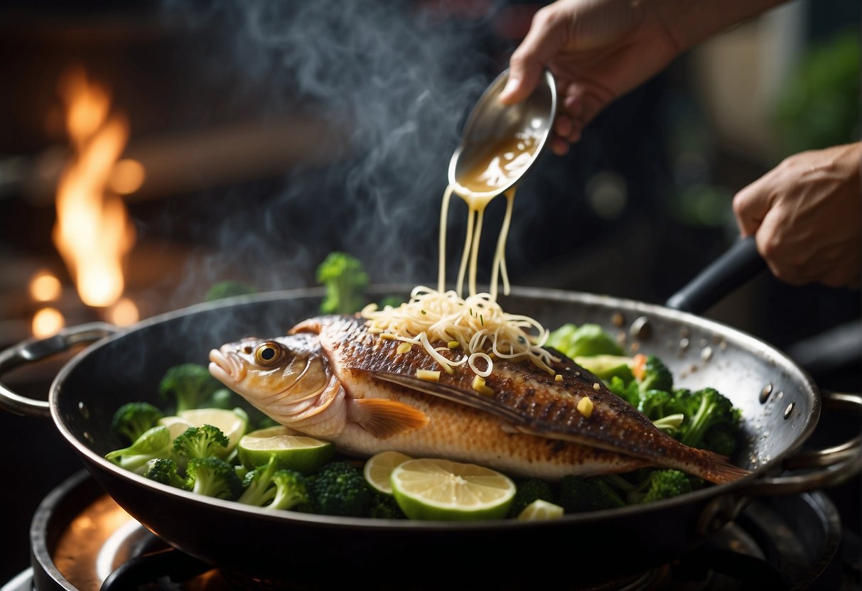 A whole snapper sizzling in a wok with ginger, garlic, and soy sauce. Steam rises as the fish is flipped and coated in the fragrant sauce