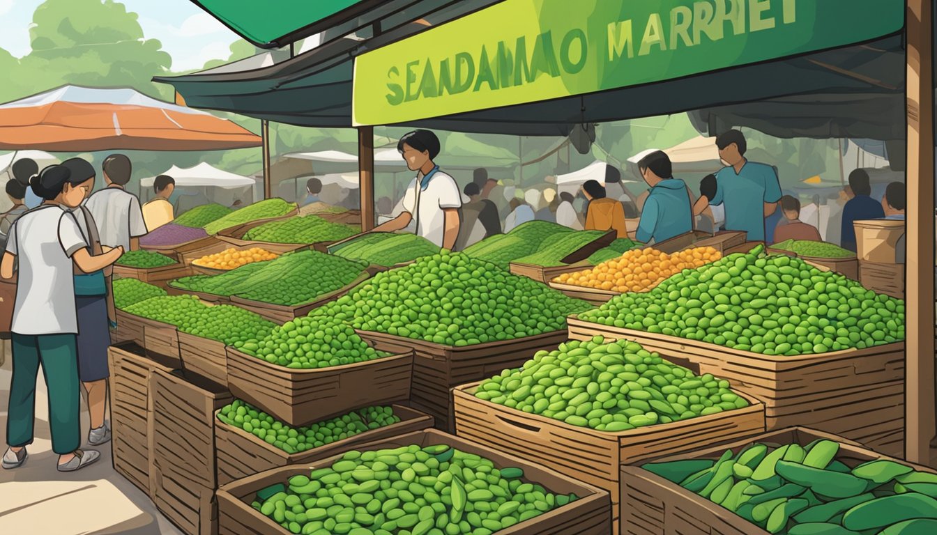A bustling outdoor market stall displays fresh edamame pods in Singapore. Bright green pods are neatly arranged in baskets, with a sign advertising their availability