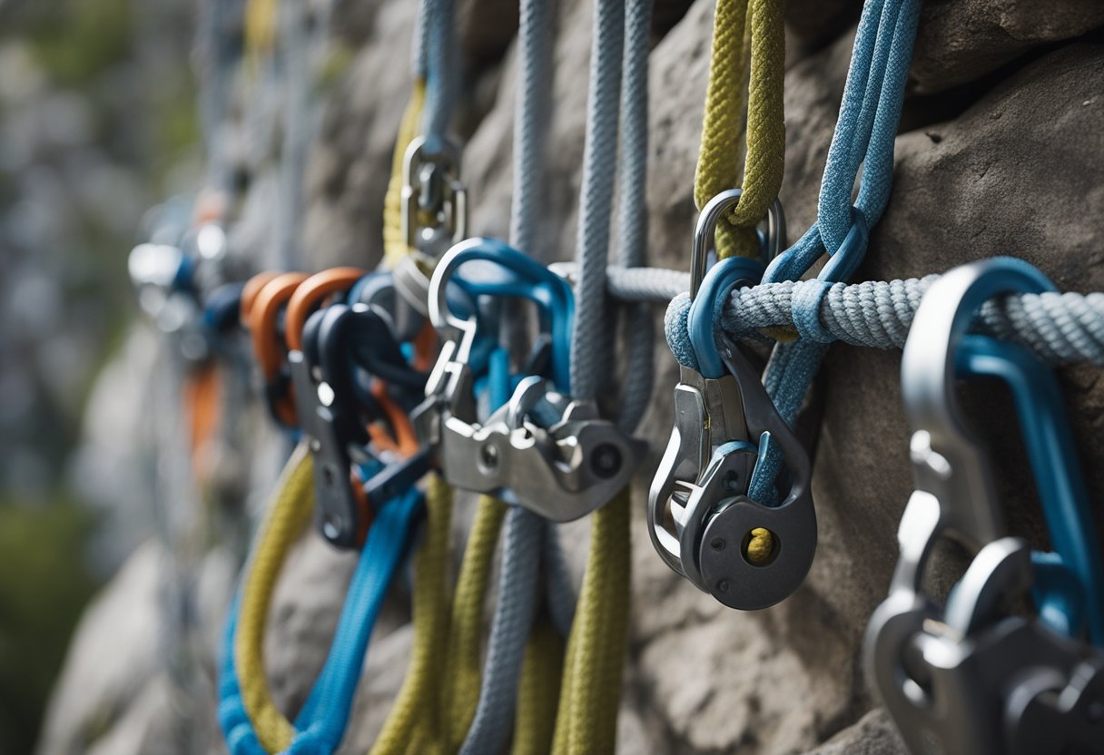 Metal anchors embedded in rock face with climbing ropes attached, carabiners securing the connection. Harnesses and gear scattered at base