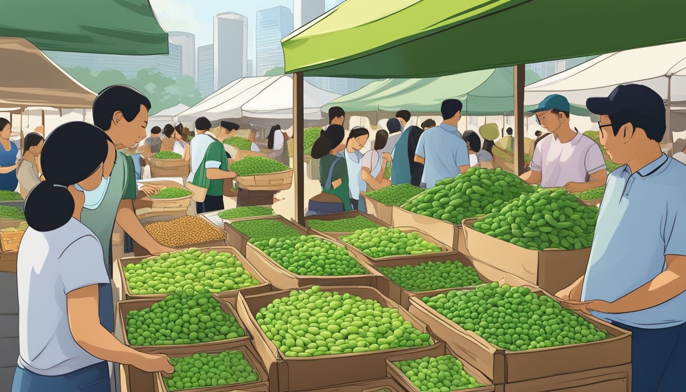 A bustling outdoor market stall displays vibrant green pods of fresh edamame in Singapore. Shoppers eagerly select the plump, tender soybeans, while a vendor carefully tends to the display