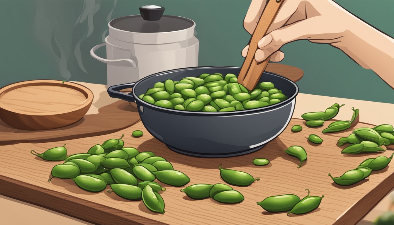 Fresh edamame pods are arranged on a wooden cutting board next to a knife. A pot of boiling water sits on the stove, ready for blanching. A hand reaches for a bowl to hold the cooked edamame