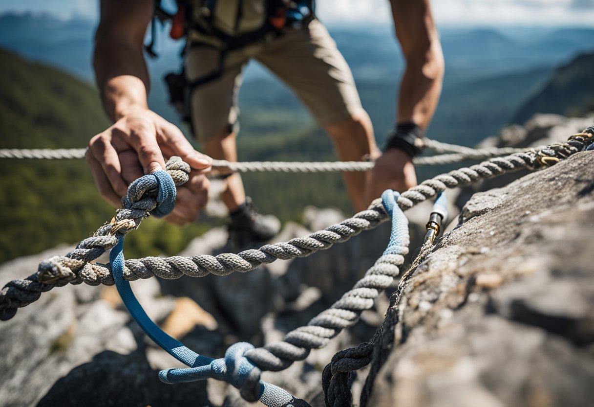 A climber secures a rope to a sturdy anchor on a rocky cliff. The anchor system includes carabiners, slings, and a secure tie-in point for the rope