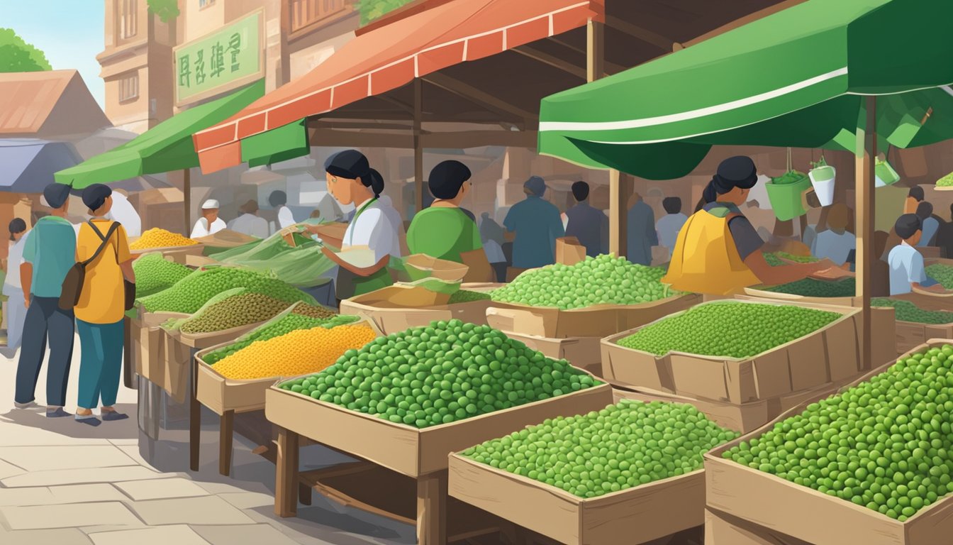 A bustling market stall with a sign advertising fresh edamame. A vendor weighs and bags the vibrant green soybeans for eager customers