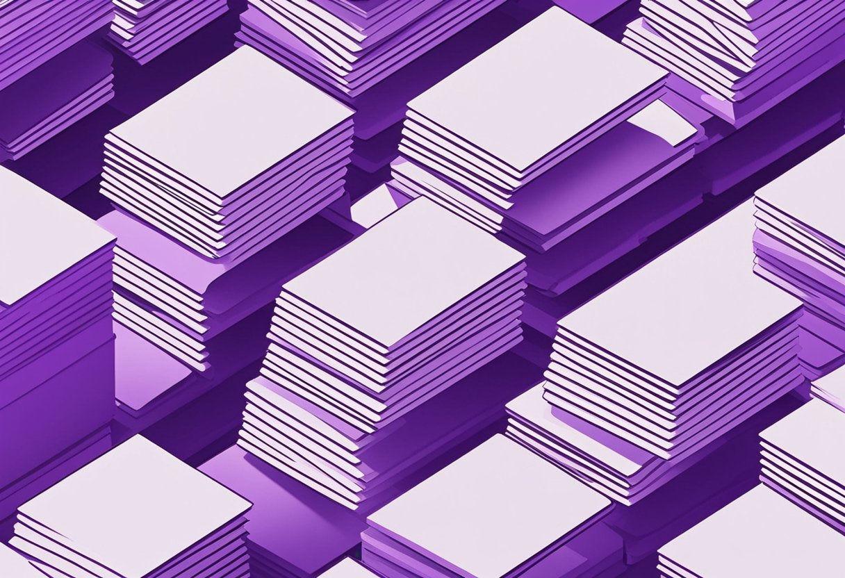 A stack of vibrant purple quote cards arranged in a neat line, casting a shadow on a white background