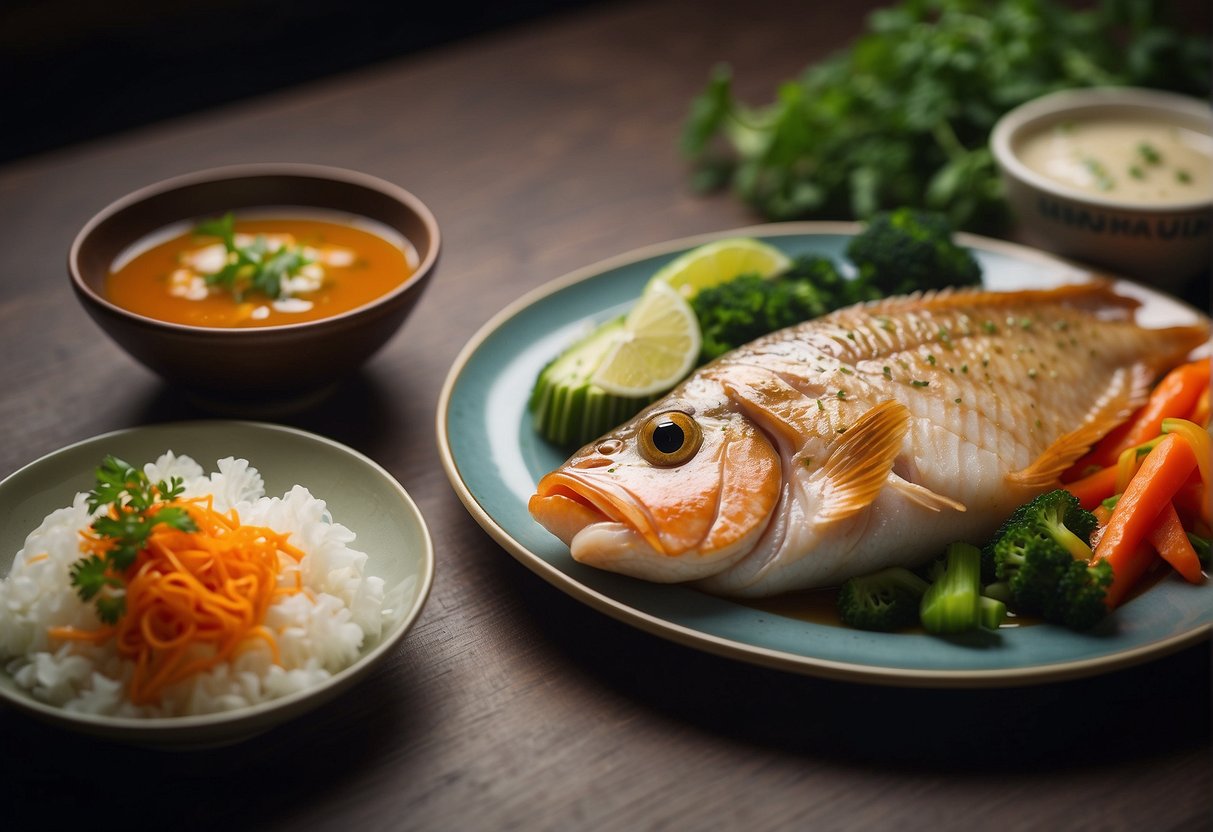 A plate of Chinese snapper with a side of steamed vegetables, accompanied by a small bowl of sauce. The dish is neatly arranged and garnished with fresh herbs