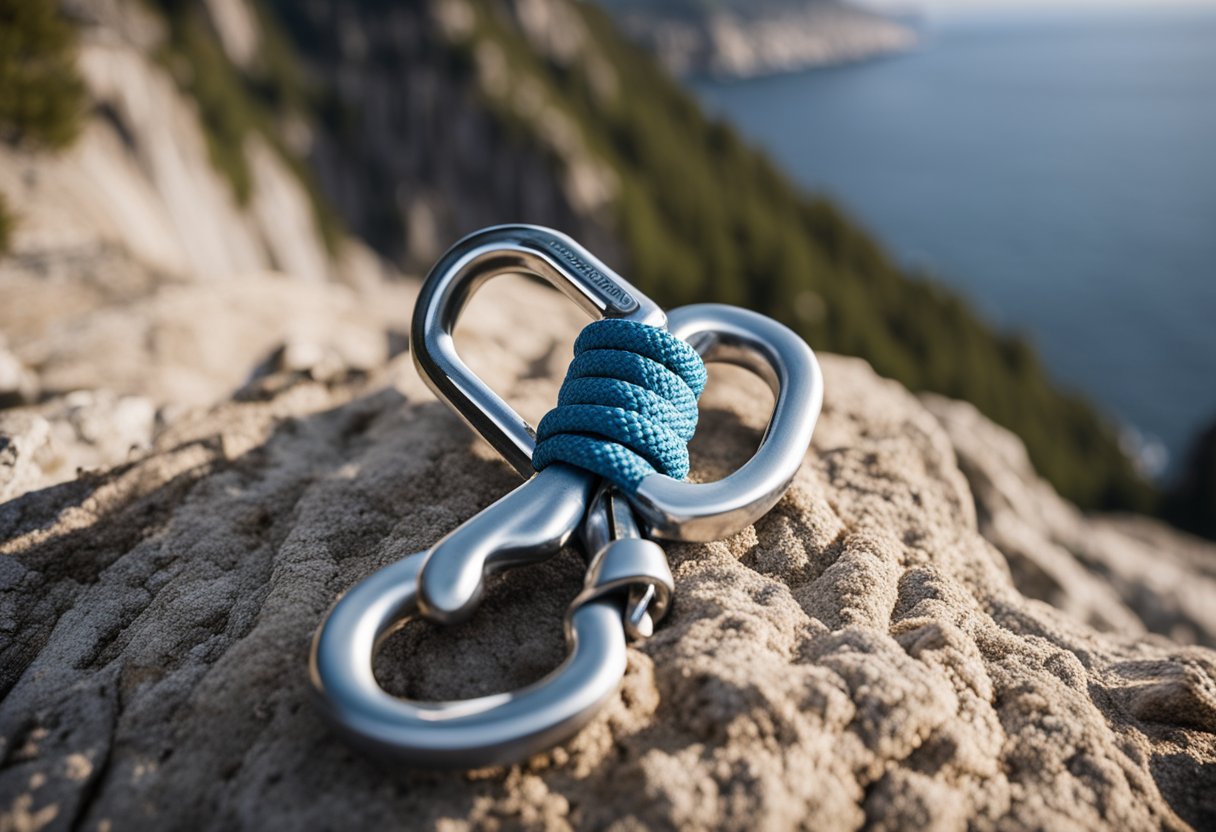 A carabiner connects the climbing rope to the anchor point. A figure-eight knot secures the rope to the carabiner. The anchor system is set up on the cliff face