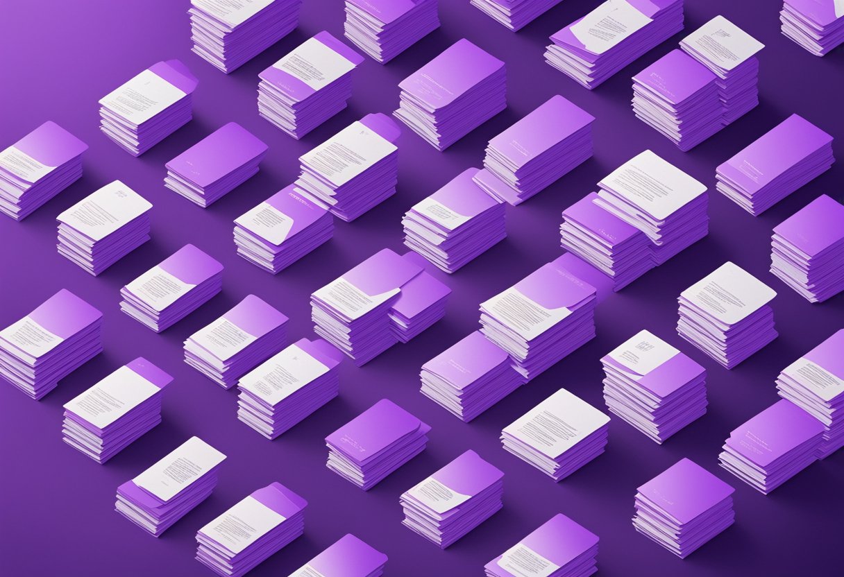 A stack of 25 purple quote cards arranged in a neat row, with another 25 scattered around it. The background is a gradient of light to dark purple