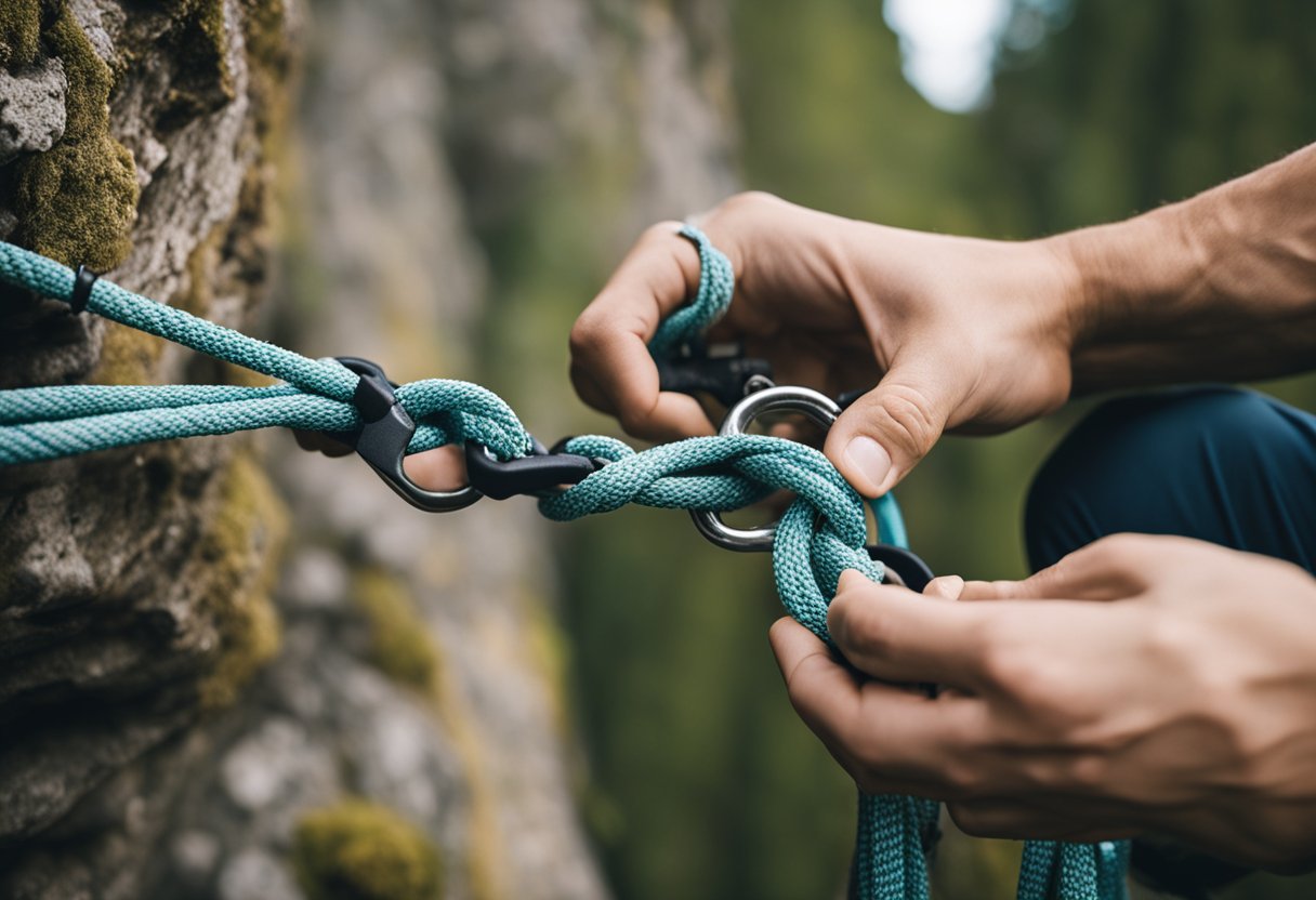 A climber secures rope to bolts & creates anchor with webbing & carabiners