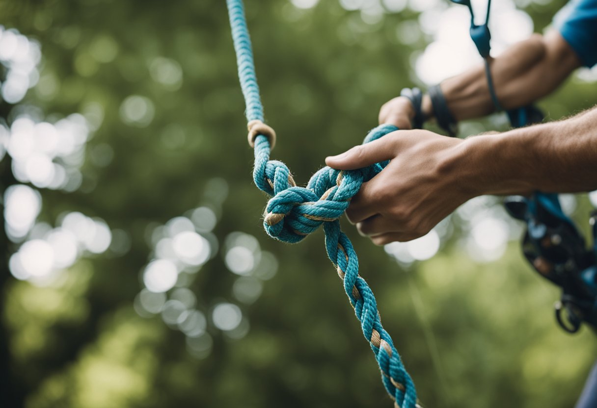 A climber secures a rope to an anchor using a personal anchor system