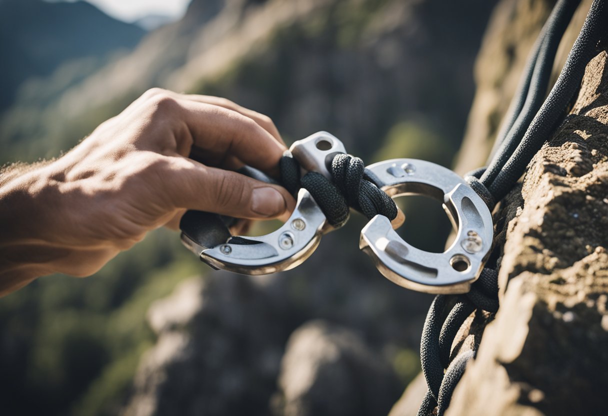 A climber secures an anchor using a variety of construction techniques, including bolts, cams, and nuts, to create a reliable anchor system for climbing