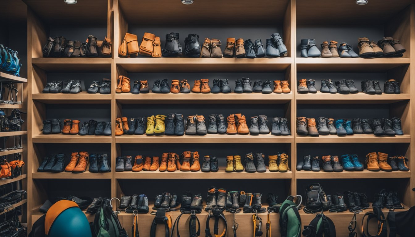 A pair of climbing gloves displayed on a shelf in a outdoor gear store, surrounded by carabiners and other climbing equipment