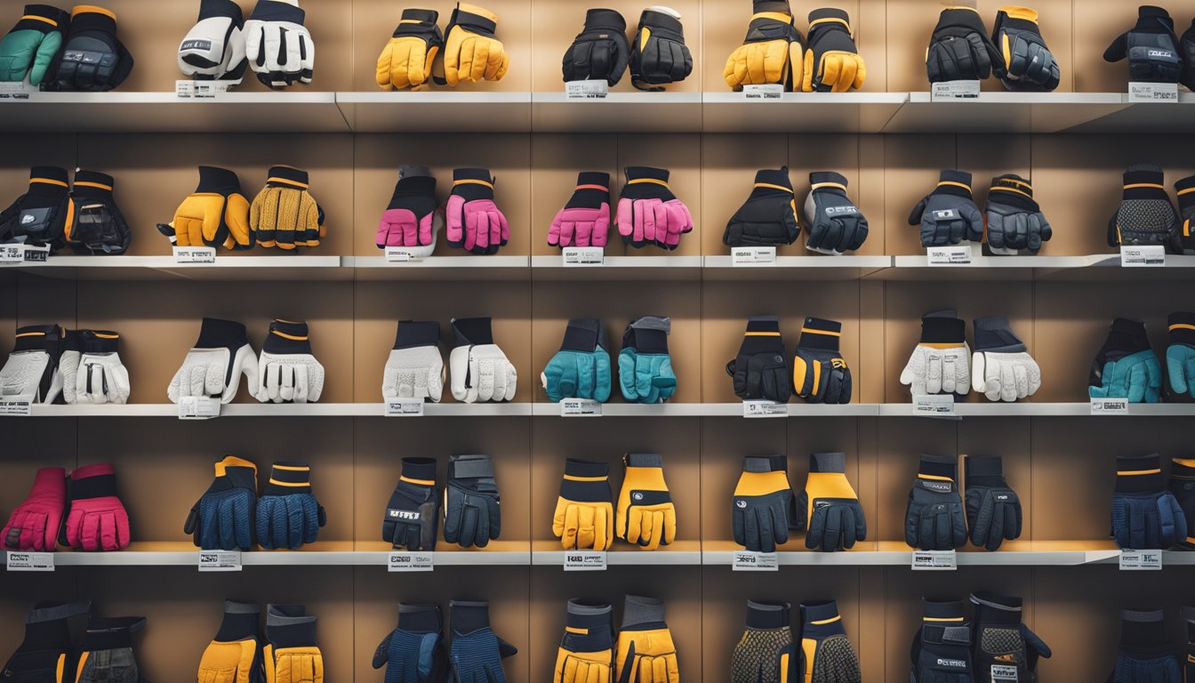 A pair of climbing gloves displayed on a store shelf, with various options and features highlighted on the packaging