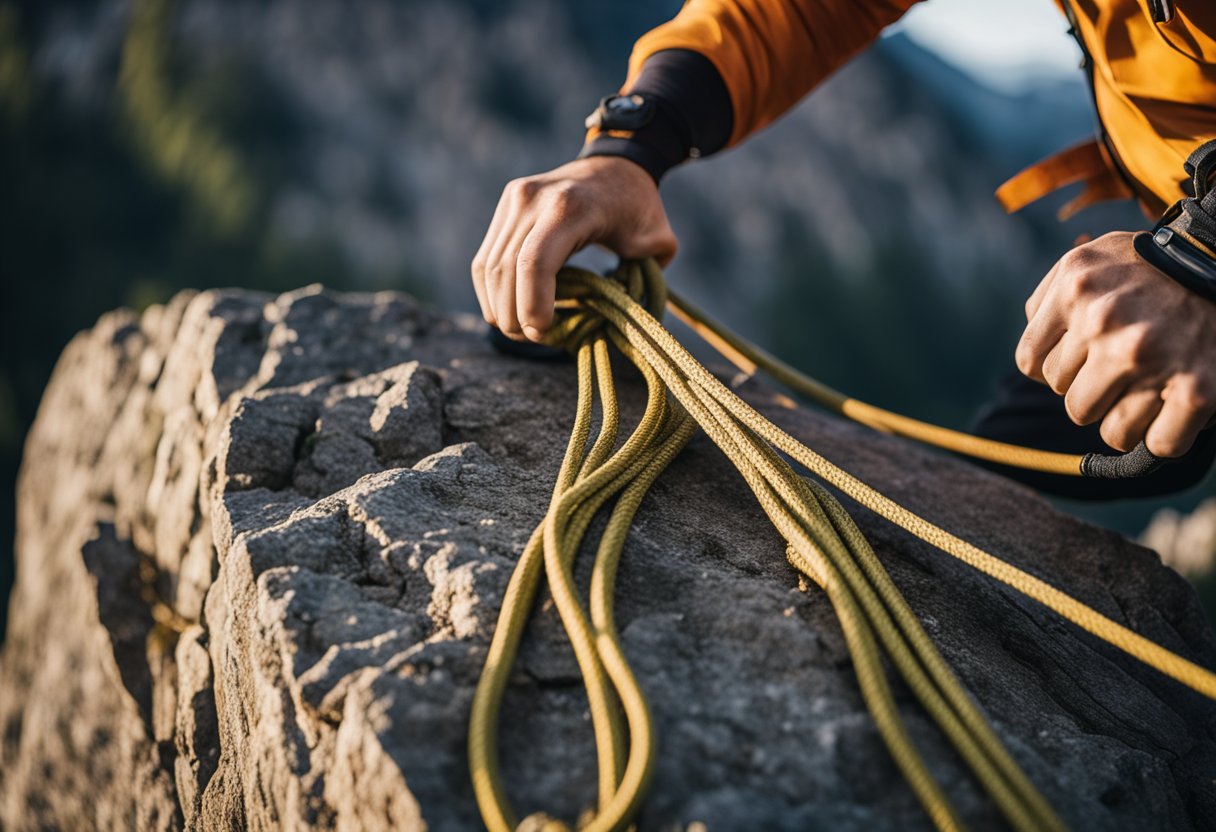 A climber secures rope to anchor points on a rock face