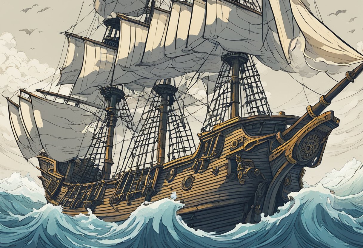 A pirate ship sails through stormy seas, with tattered flags fluttering in the wind. The crew stands tall, brandishing cutlasses and eye patches, ready for adventure
