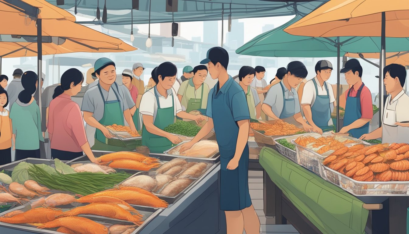 A bustling seafood market with vendors displaying trays of fresh uni in Singapore. Customers inquire about purchasing the prized delicacy