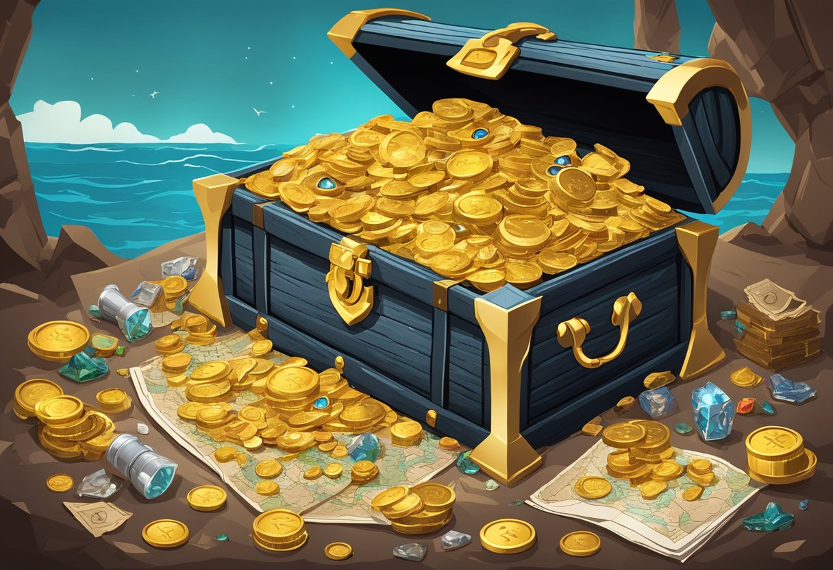 A pirate's treasure chest overflowing with gold coins and jewels, surrounded by tattered maps and a weathered compass