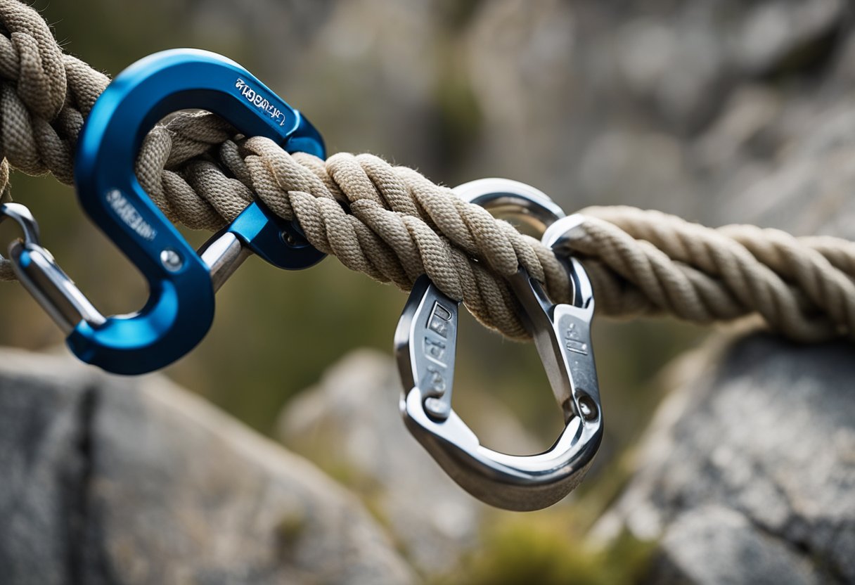 Metal carabiners and ropes attached to a sturdy rock face. A person testing the strength of the anchor system by pulling on the ropes