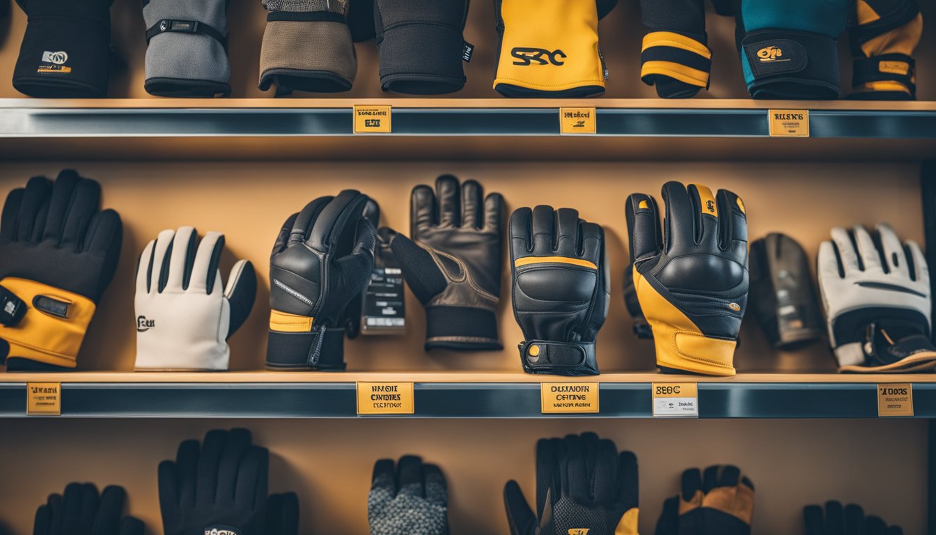 A hand reaches out to compare different types of climbing gloves on a store shelf, with various brands and styles displayed