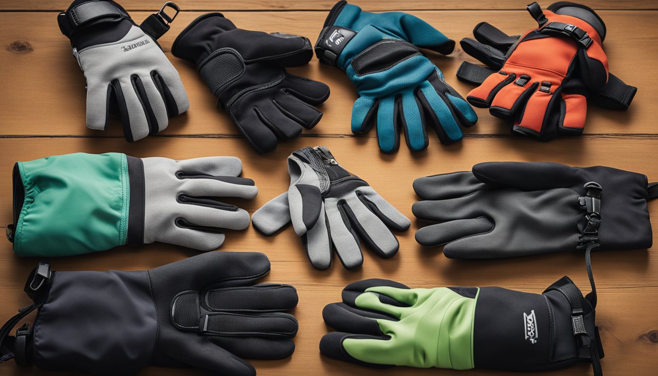 A variety of climbing gloves laid out on a table, including thin, dexterous gloves for rock climbing and thicker, insulated gloves for ice climbing