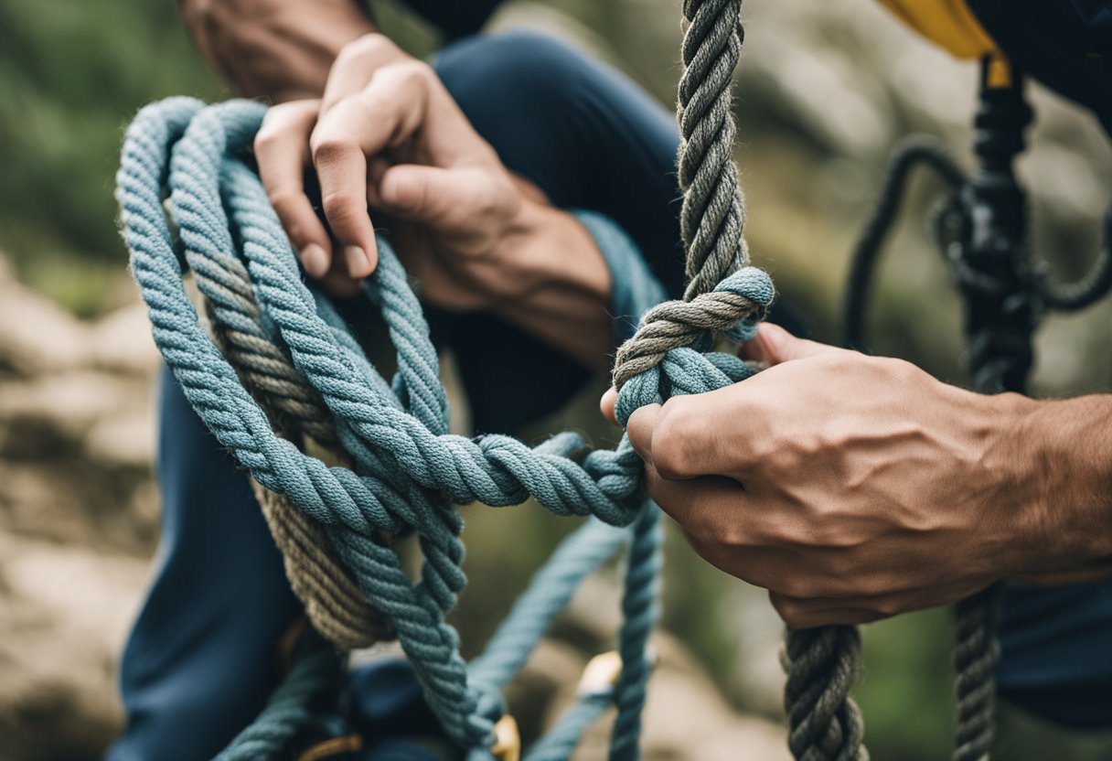 A climber secures rope to anchor using various systems