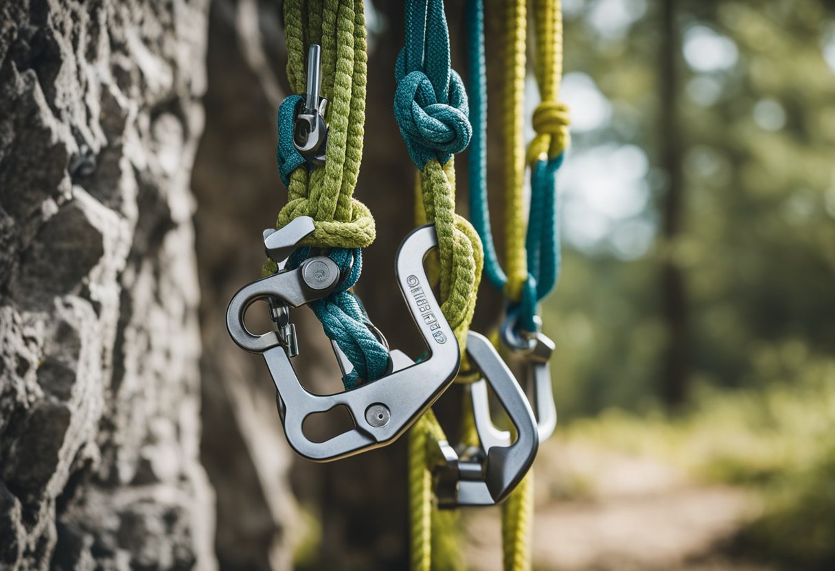 Climbing anchor system: cams, nuts, and bolts secure ropes to rock face. Rope runs through carabiners and belay device