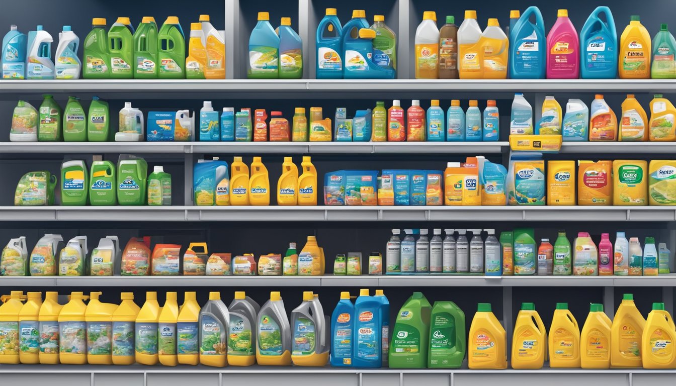 A display of top retailers for G12 coolant in Singapore, with various brands and sizes showcased on shelves. Labels and prices are clearly visible