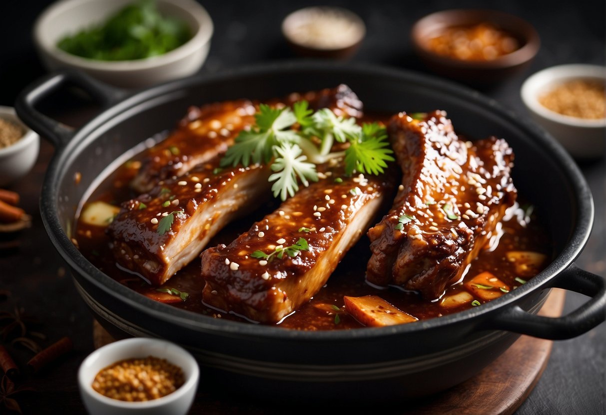 Sizzling pork ribs simmer in a fragrant Chinese sauce, tender and succulent, surrounded by aromatic spices and herbs