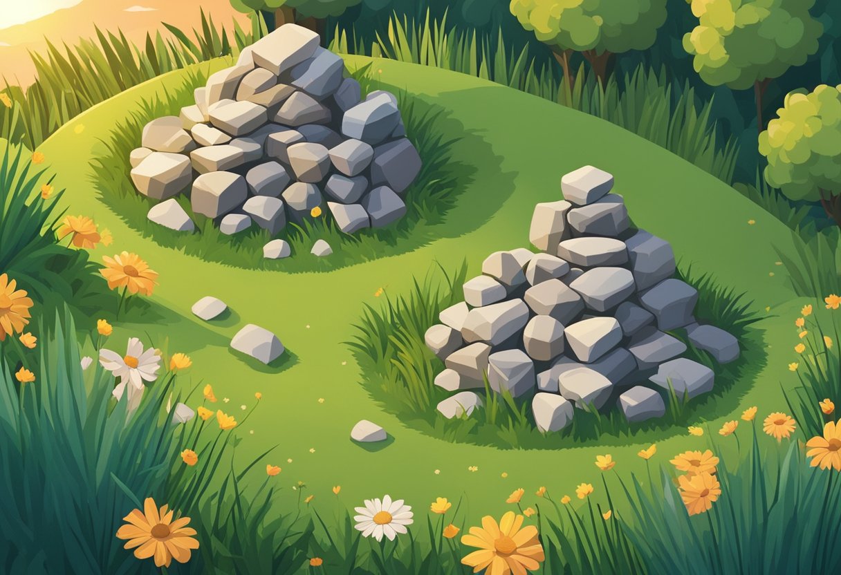 A pile of stones stacked in a humble formation, surrounded by tall grass and wildflowers. The sun sets in the background, casting a warm glow over the scene
