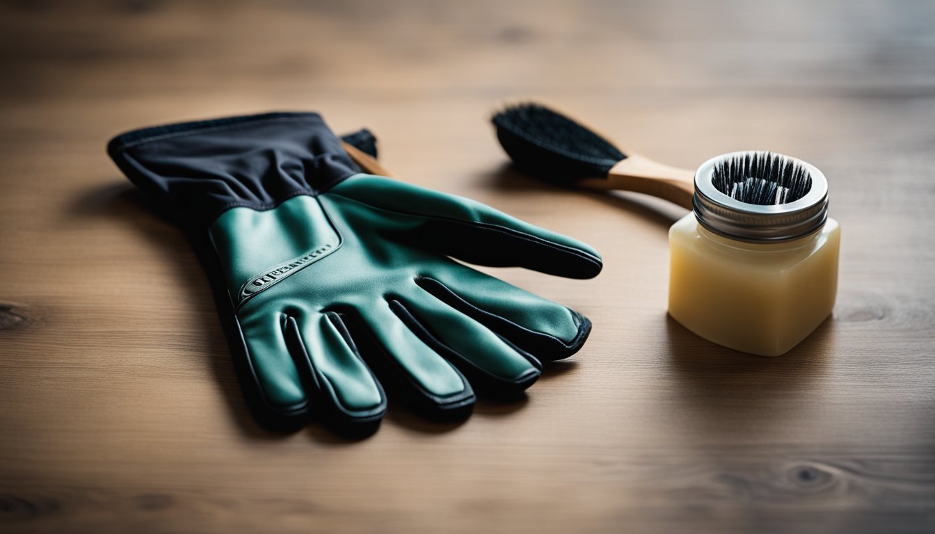 A pair of climbing gloves laid out on a clean, flat surface, with a small brush and mild soap nearby for maintenance