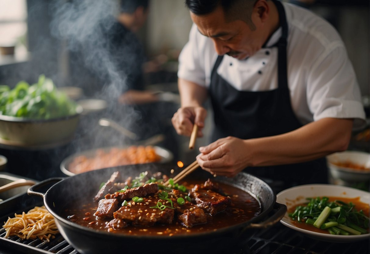 Pork ribs simmer in a fragrant Chinese sauce, steam rising from the pot, while a chef uses a brush to glaze the meat