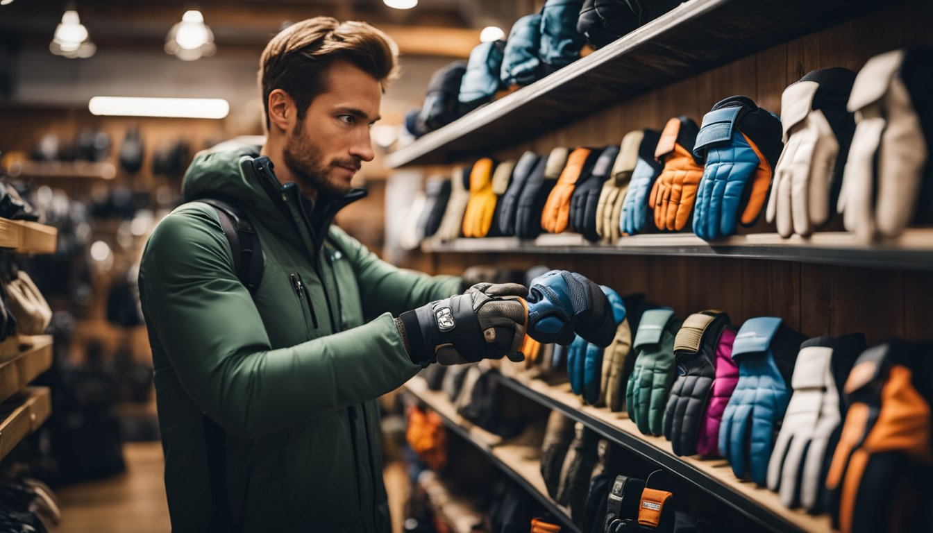 A climber examines different types of climbing gloves in a well-lit outdoor gear shop. The gloves are displayed on a rack, with various sizes and styles to choose from