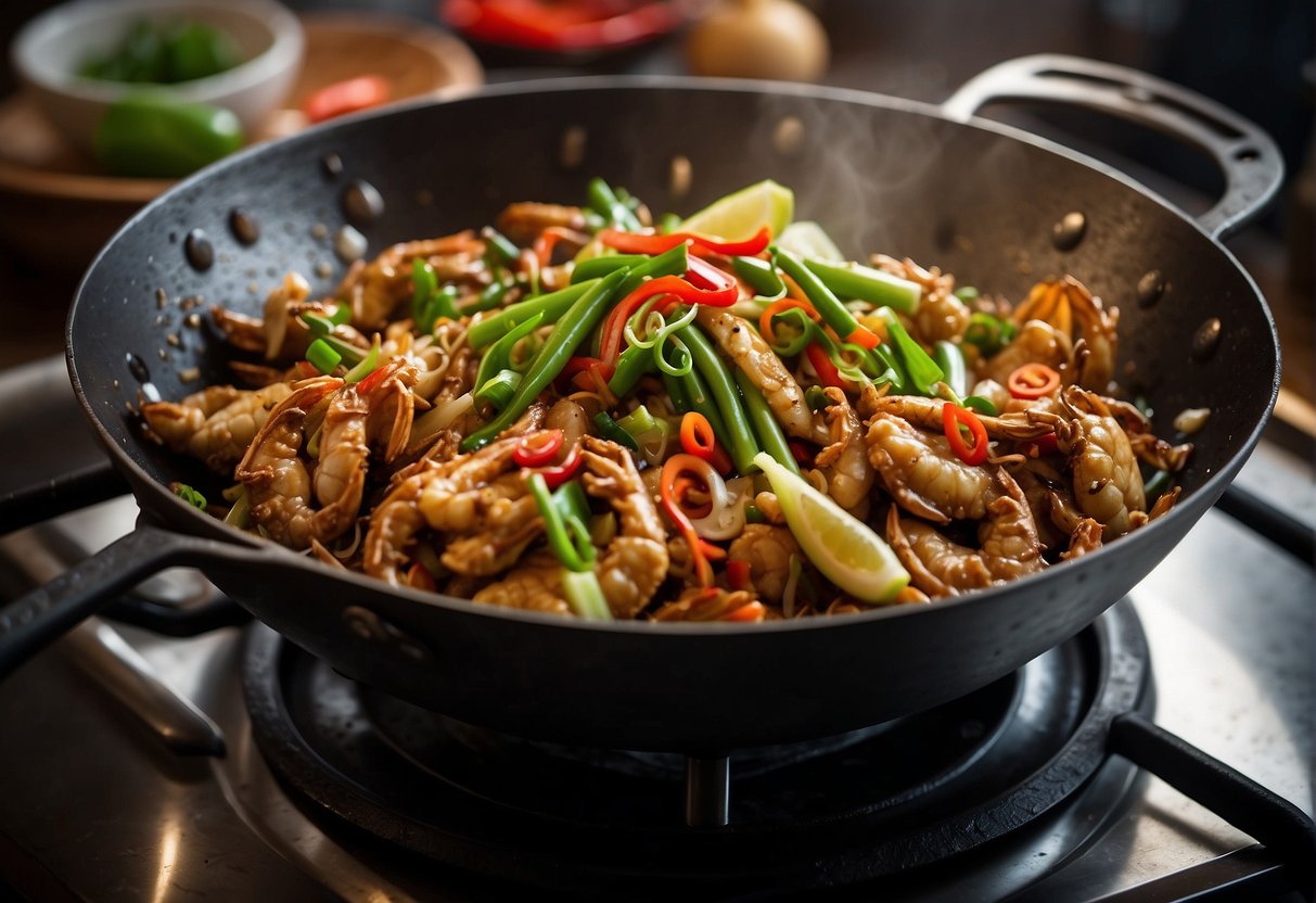 A wok sizzles as a chef stir-fries soft shell crabs with ginger, garlic, and soy sauce. Green onions and red chili peppers add color and heat to the savory Chinese dish