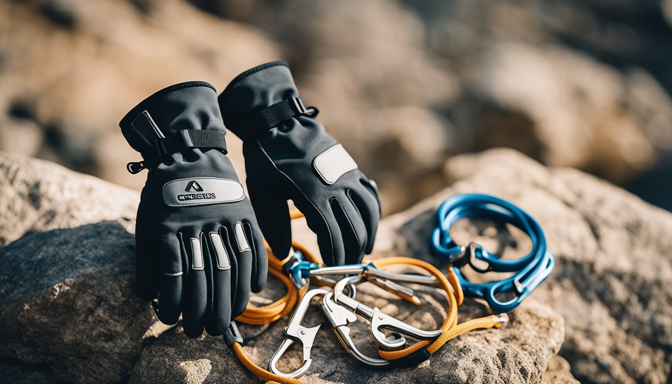 A pair of climbing gloves displayed on a rocky surface with carabiners and ropes in the background