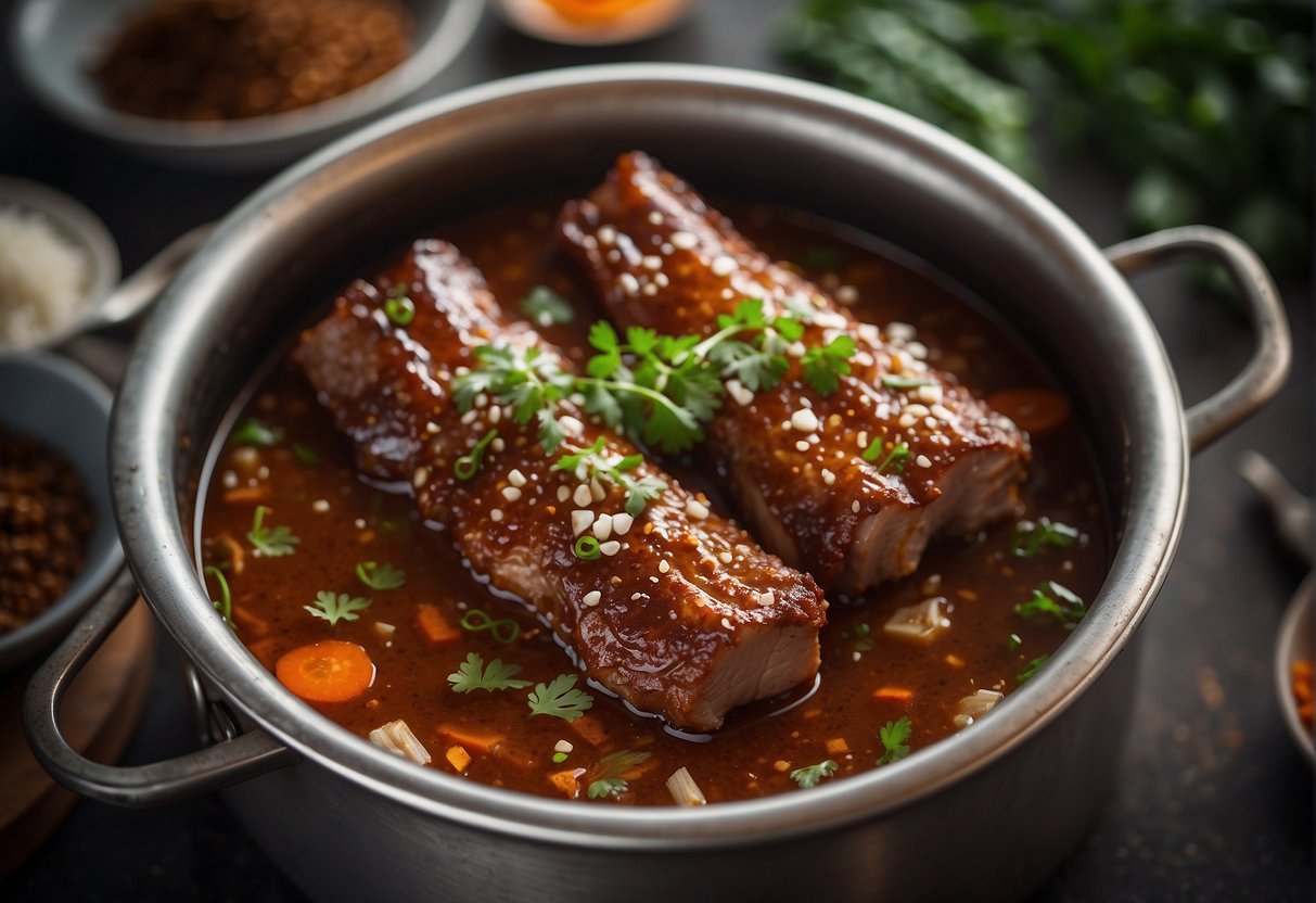Soft bone pork ribs simmer in a fragrant glaze, steam rising from the bubbling pot. Chinese spices and aromatics fill the air as the ribs slowly cook to tender perfection