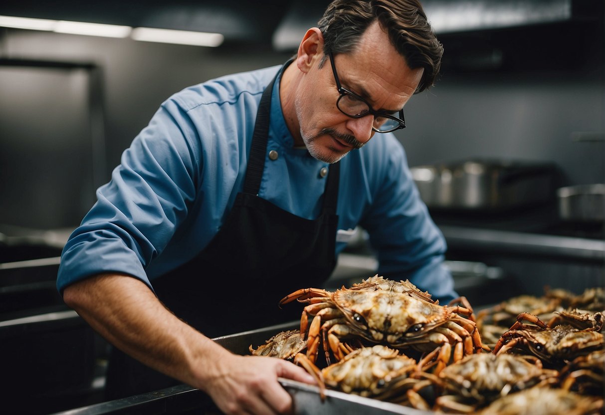A chef carefully inspects and selects the best soft shell crabs from a pile, preparing for a Chinese recipe