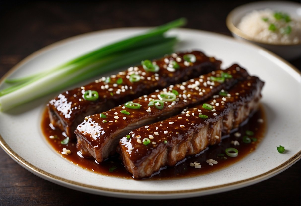A platter of tender, juicy pork ribs, glazed in a rich Chinese sauce, garnished with sesame seeds and green onions, served on a decorative plate