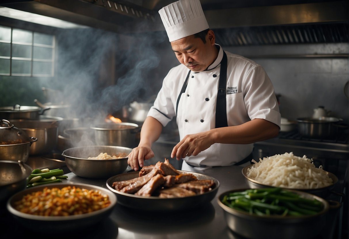 A chef prepares soft bone pork ribs in a bustling Chinese kitchen, surrounded by traditional cooking utensils and aromatic spices